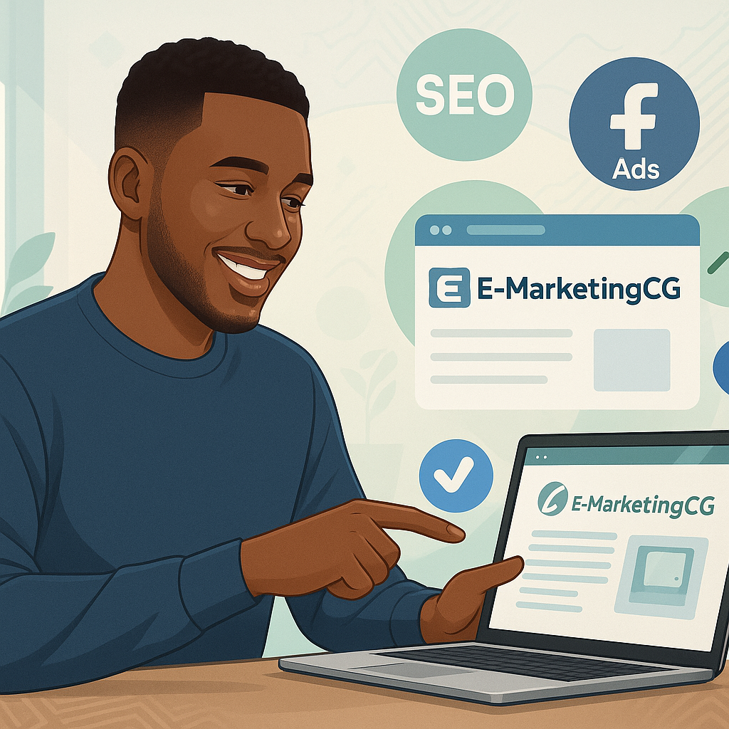 Un jeune homme africain souriant travaille sur un ordinateur portable tout en pointant du doigt une maquette du site E-MarketingCG sur un écran, entouré d'icônes de Google, SEO, Facebook Ads, et d'un graphique ascendant, illustrant le soutien au marketing numérique pour les petites entreprises en Afrique.